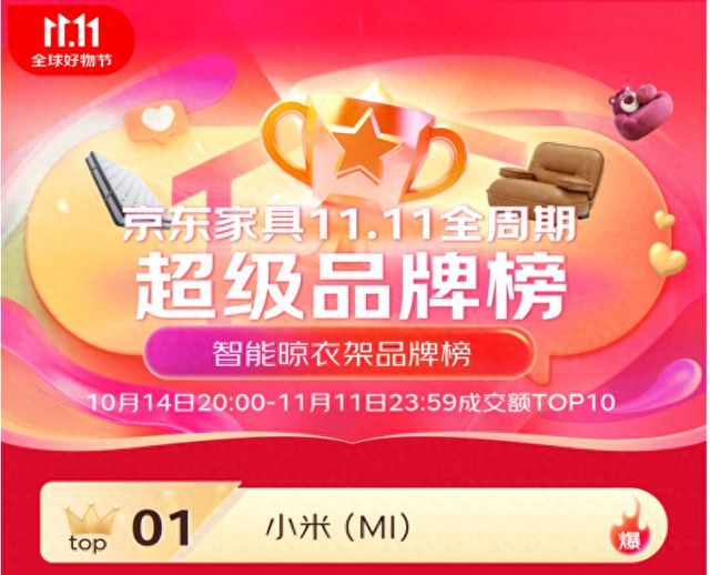 三 米家智能晾衣机双11京东成交额TOP1凯发k8赞助马竞6大单品上榜 包揽金榜前(图3)
